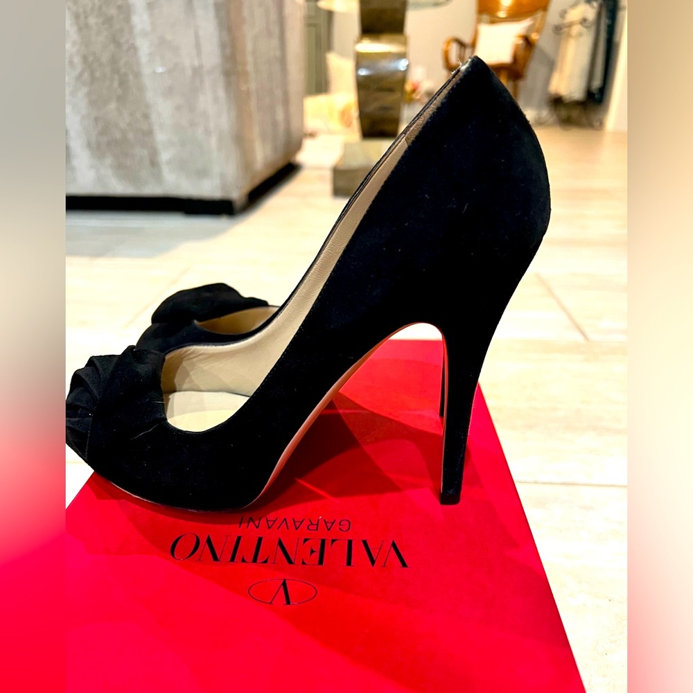 Valentino Black Suede Rosebud Heels.